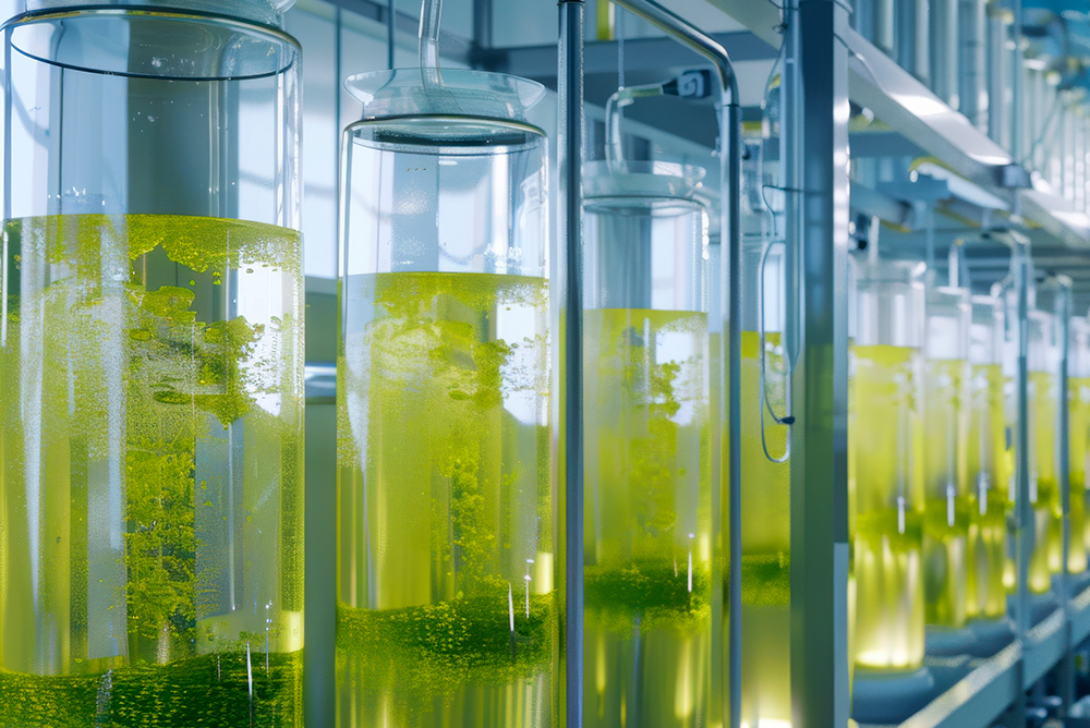 Biorefinery laboratory with glass reactors containing green biobased materials used for developing sustainable coating solutions in the EU BIO4COAT project.