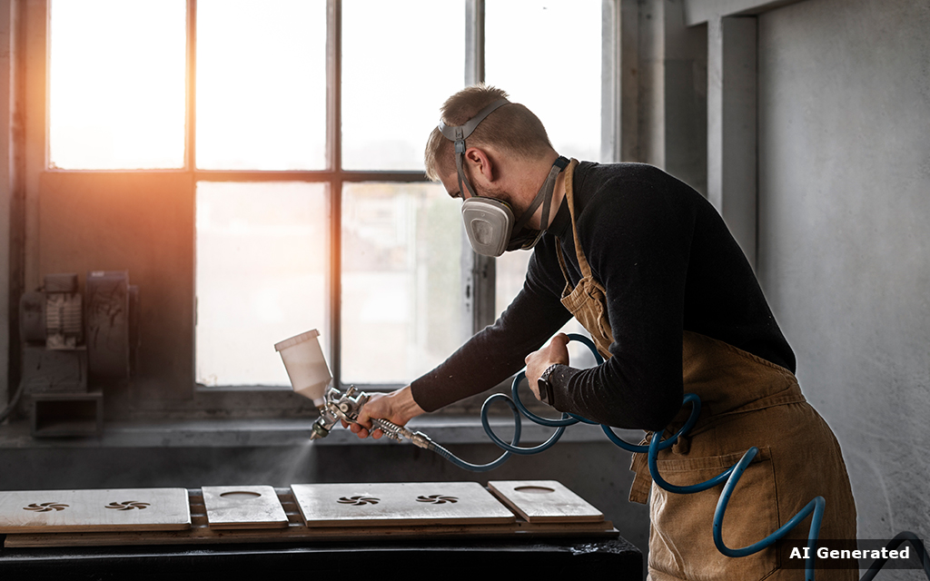 Craftsman applying a spray coating to wooden panels in a workshop - AI Generated